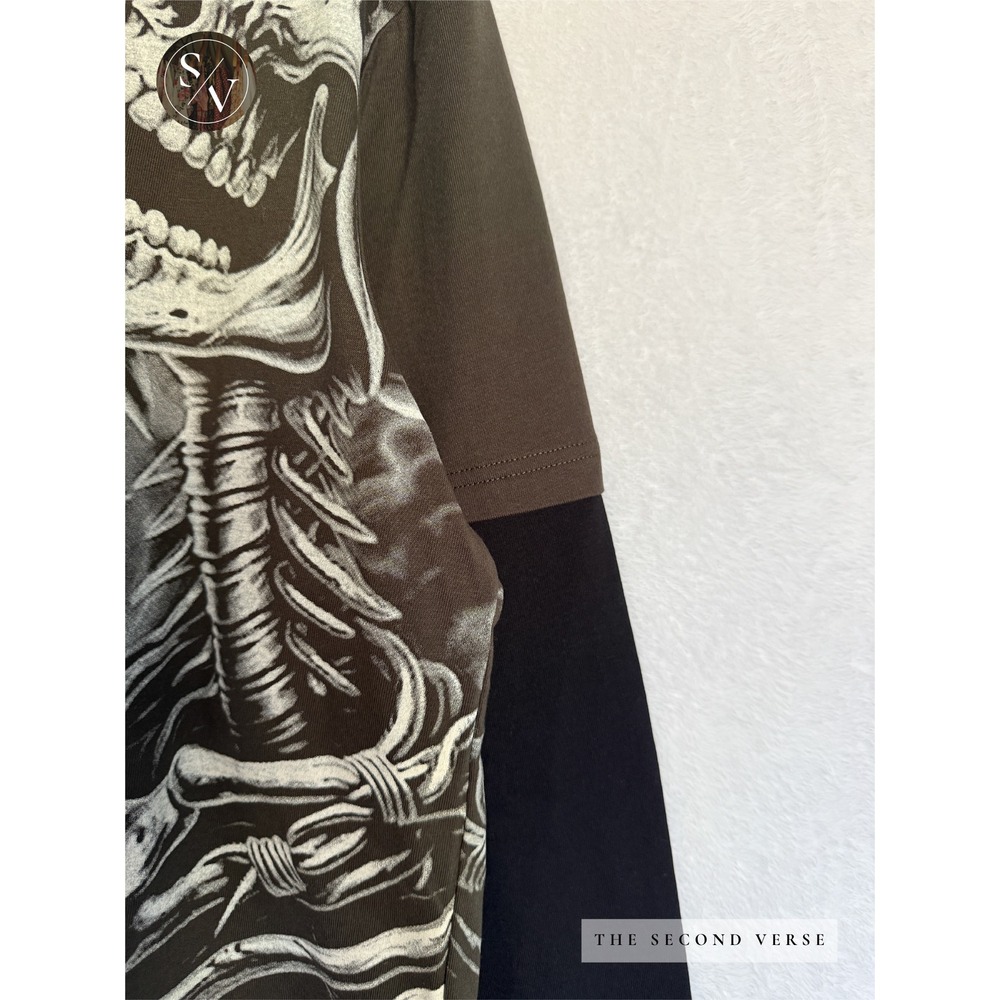 Rebellious Skull Graphic Long Slv Shirt Men Streetwear Goth Grunge Grey Black XL - Picture 3 of 7